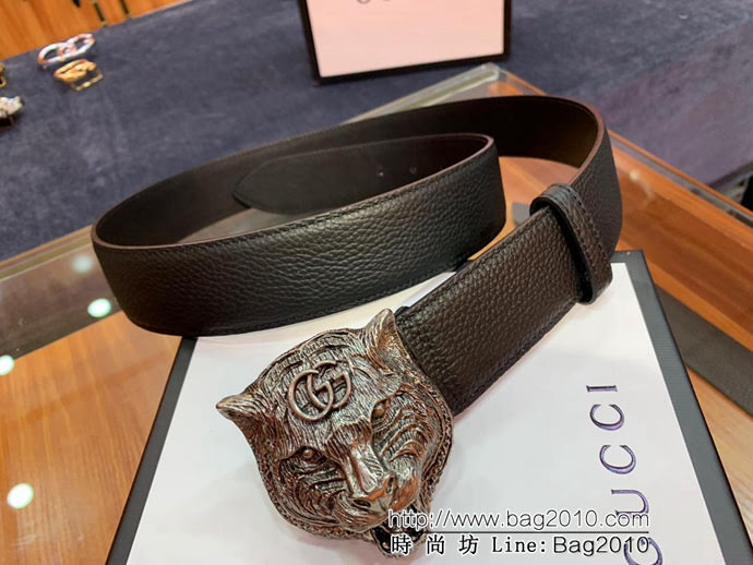 GUCCI古馳 官網爆款 正品規格 原單品質 進口荔枝紋 古金老虎扣頭 男士皮帶  xfp1320